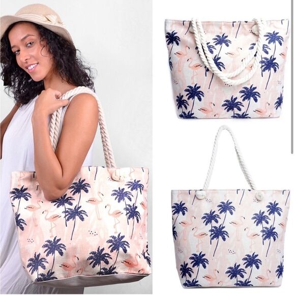 Sand Navy Palm Tree Flamingo Summer Zippered Tote Bag NWT - Picture 10 of 12
